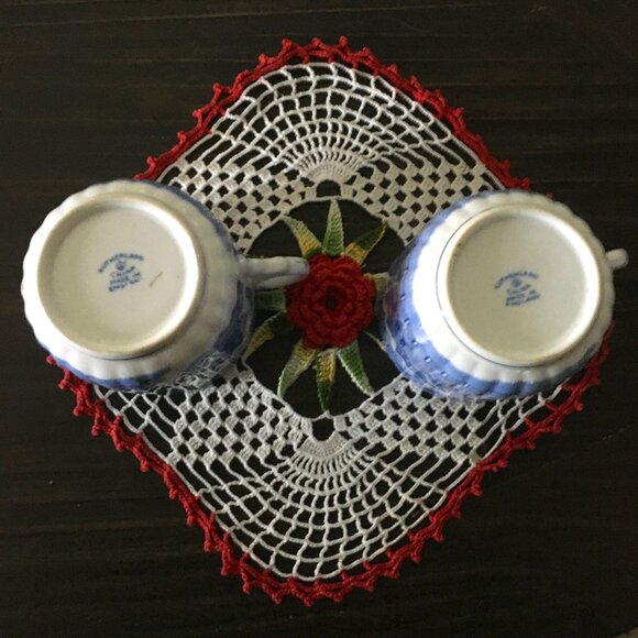 Royal Sutherland England Two Delft Blue Porcelain Cups and Biscuit Plate - Picture 11 of 14